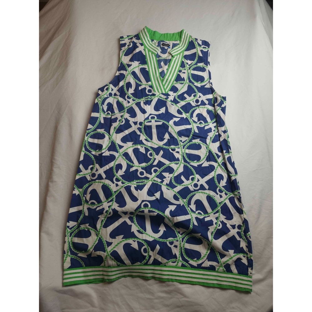 Mud Pie Shift Dress Womens Large Blue White Woven Tunic Casual Nautical Anchor